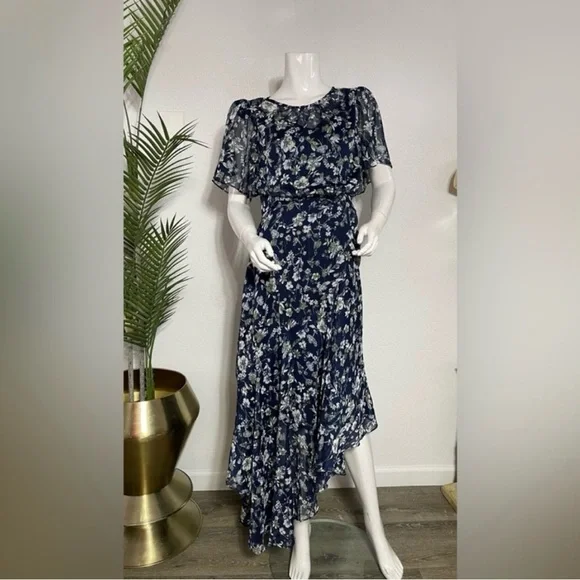 Astr Asymmetrical Blue and White Ruffled Dress